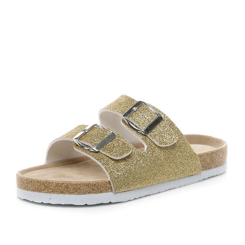 Dames Grote Maat Casual Bling Lovertjes Dual Strap Buckle Platte Slippers Kurk Sandalen