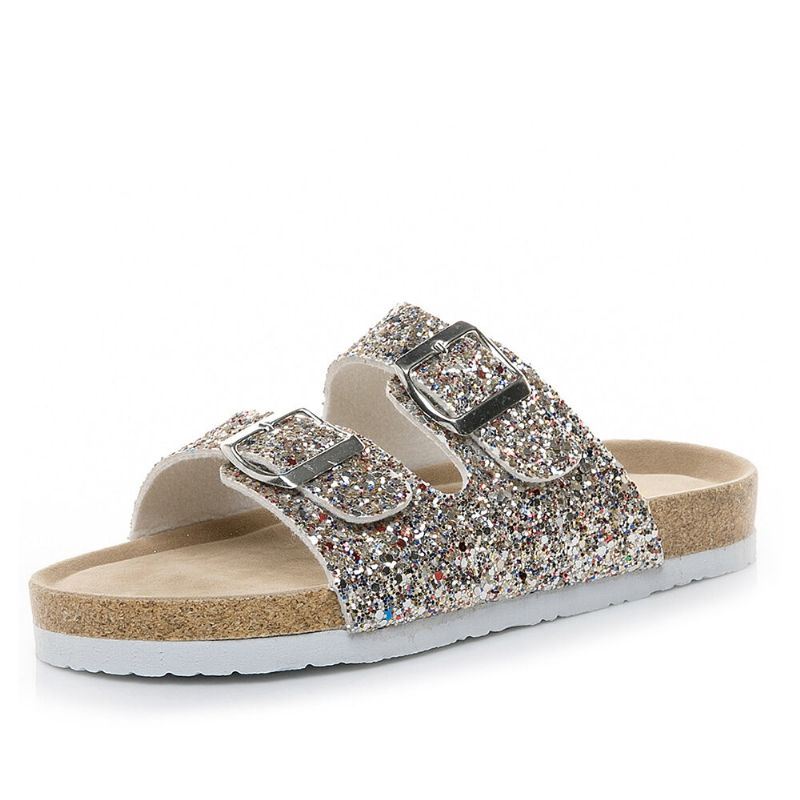 Dames Grote Maat Casual Bling Lovertjes Dual Strap Buckle Platte Slippers Kurk Sandalen