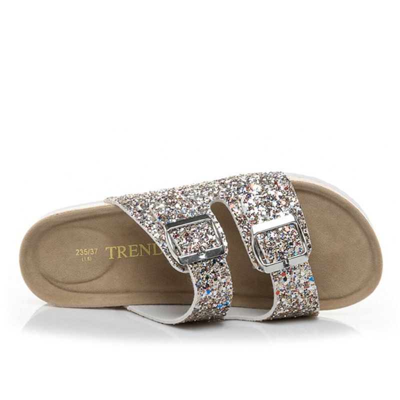 Dames Grote Maat Casual Bling Lovertjes Dual Strap Buckle Platte Slippers Kurk Sandalen