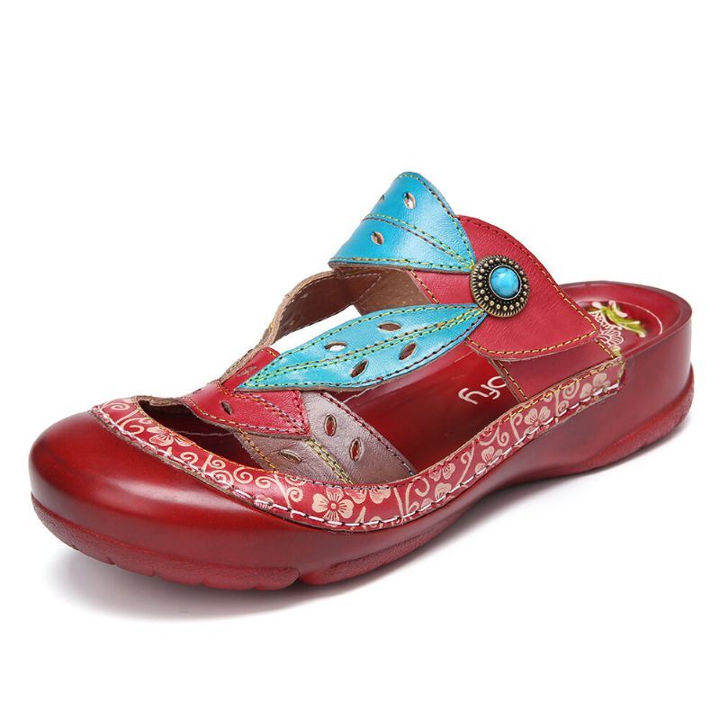 Dames Handgemaakte Lederen Kralen Bloemen Uitsparing Verstelbare Riem Slip-on Muilezels Klompen Sandalen