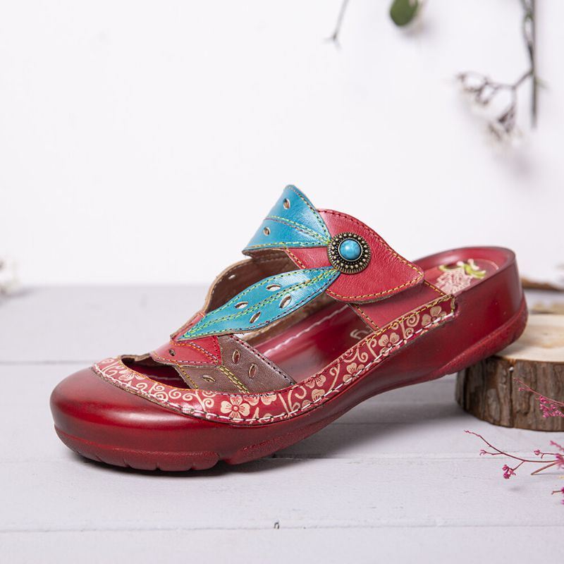 Dames Handgemaakte Lederen Kralen Bloemen Uitsparing Verstelbare Riem Slip-on Muilezels Klompen Sandalen