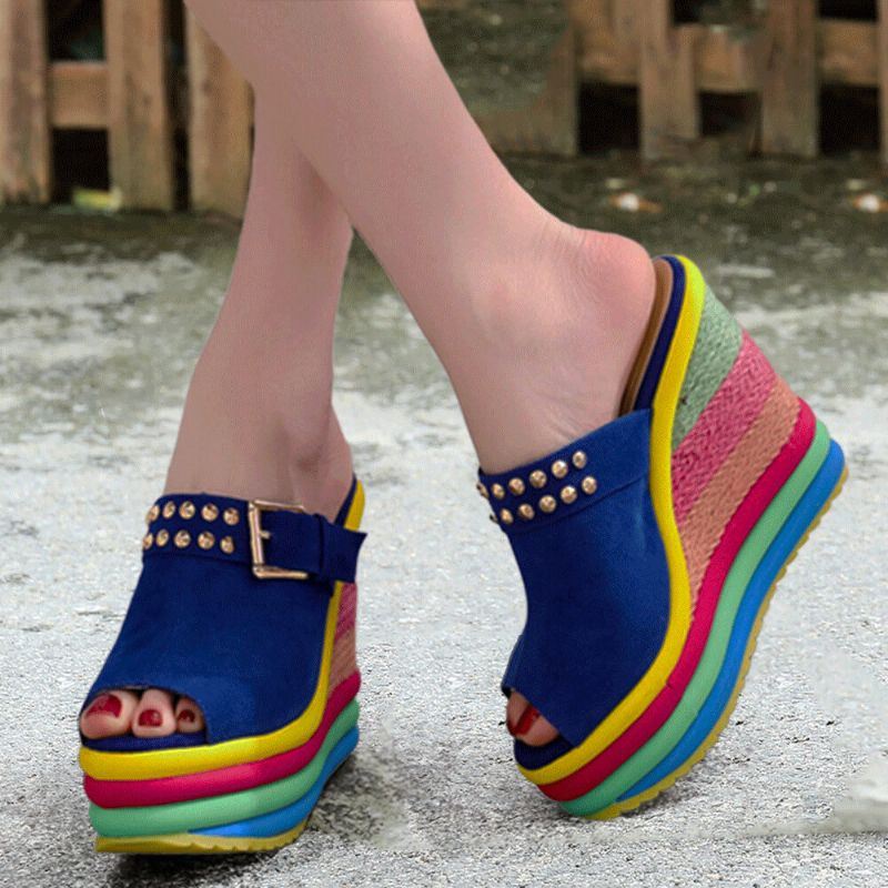 Dames Klinknagel Regenboog Kleurrijke Gesp Peep Toe Zomer Strand Wedge Platform Sandalen