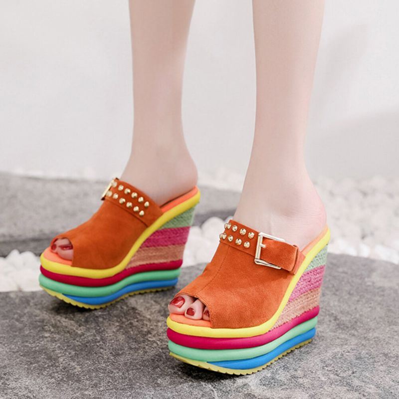 Dames Klinknagel Regenboog Kleurrijke Gesp Peep Toe Zomer Strand Wedge Platform Sandalen