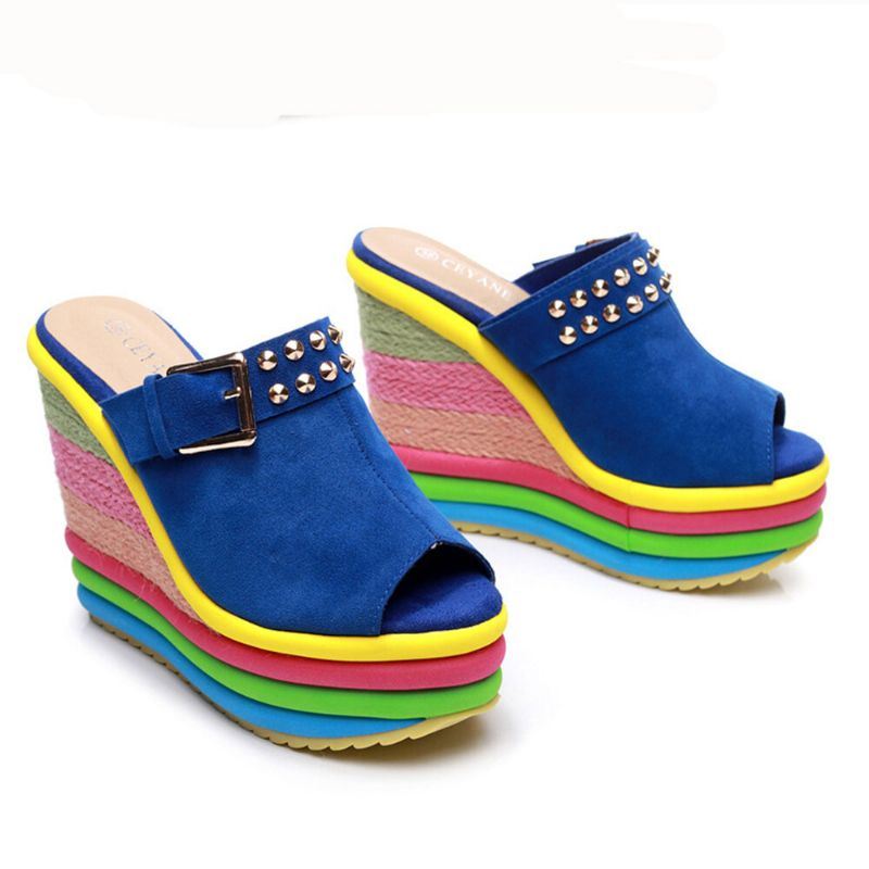 Dames Klinknagel Regenboog Kleurrijke Gesp Peep Toe Zomer Strand Wedge Platform Sandalen