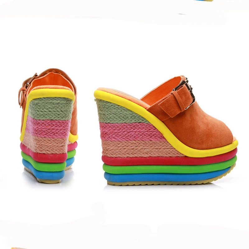 Dames Klinknagel Regenboog Kleurrijke Gesp Peep Toe Zomer Strand Wedge Platform Sandalen