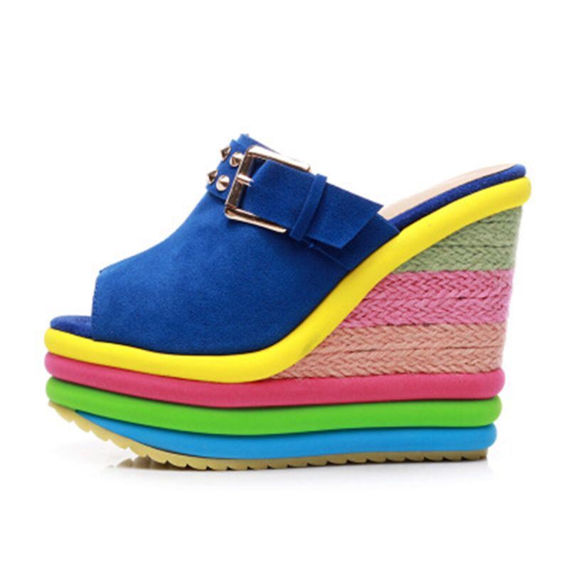 Dames Klinknagel Regenboog Kleurrijke Gesp Peep Toe Zomer Strand Wedge Platform Sandalen