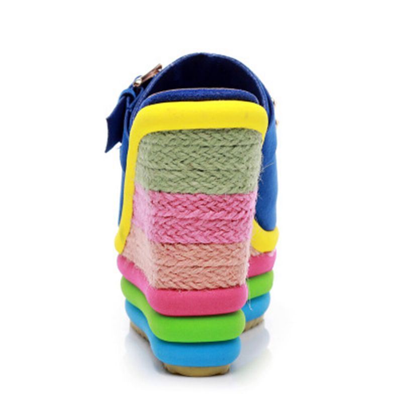 Dames Klinknagel Regenboog Kleurrijke Gesp Peep Toe Zomer Strand Wedge Platform Sandalen