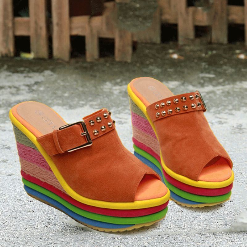 Dames Klinknagel Regenboog Kleurrijke Gesp Peep Toe Zomer Strand Wedge Platform Sandalen