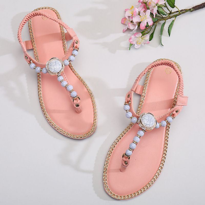 Dames Kralen Decor Elastische Platte Slip Op Strand Clip Teen Sandalen