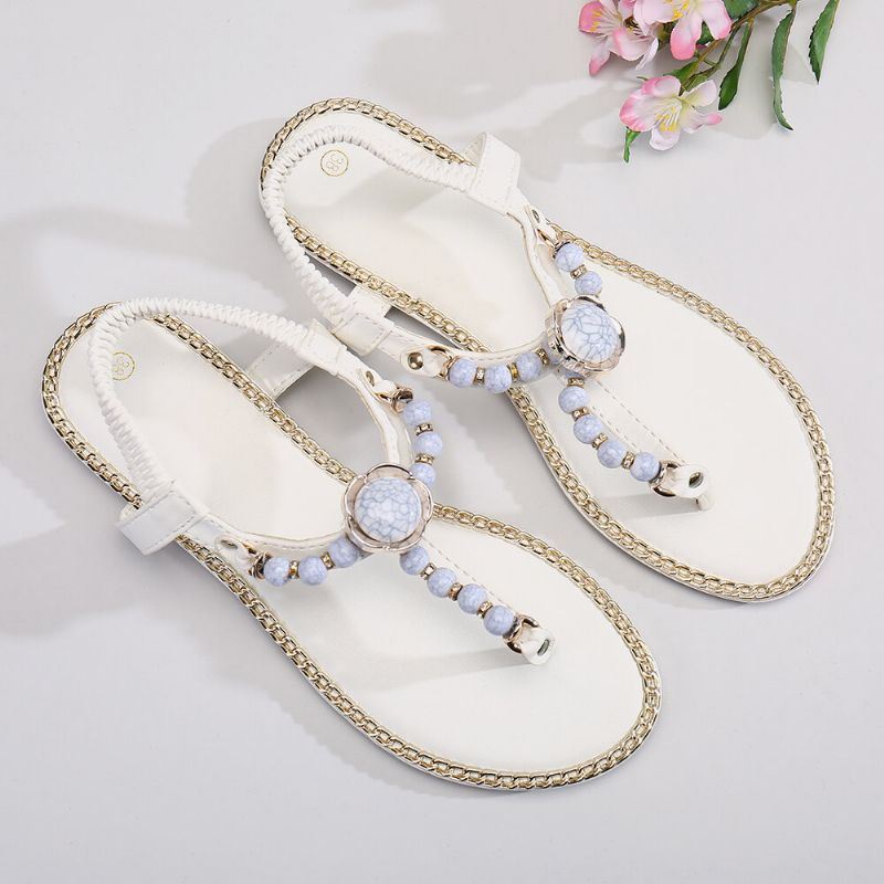 Dames Kralen Decor Elastische Platte Slip Op Strand Clip Teen Sandalen