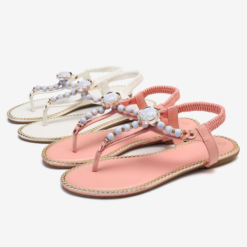 Dames Kralen Decor Elastische Platte Slip Op Strand Clip Teen Sandalen