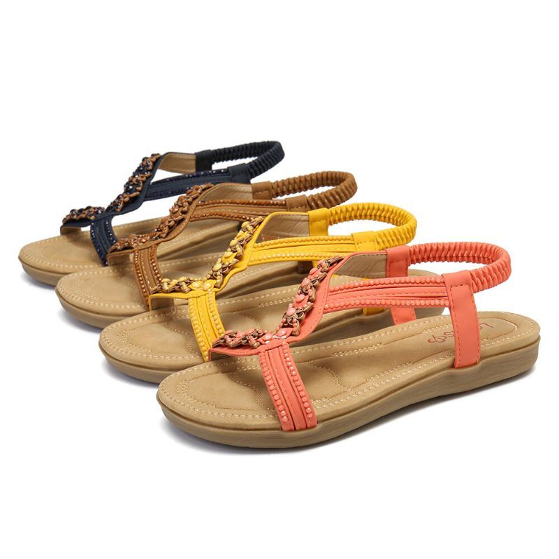 Dames Kralen Open Teen Elastische Band Zachte Zool Casual Platte Sandalen