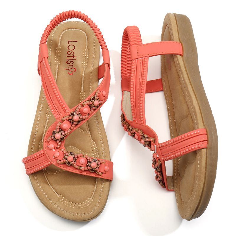 Dames Kralen Open Teen Elastische Band Zachte Zool Casual Platte Sandalen