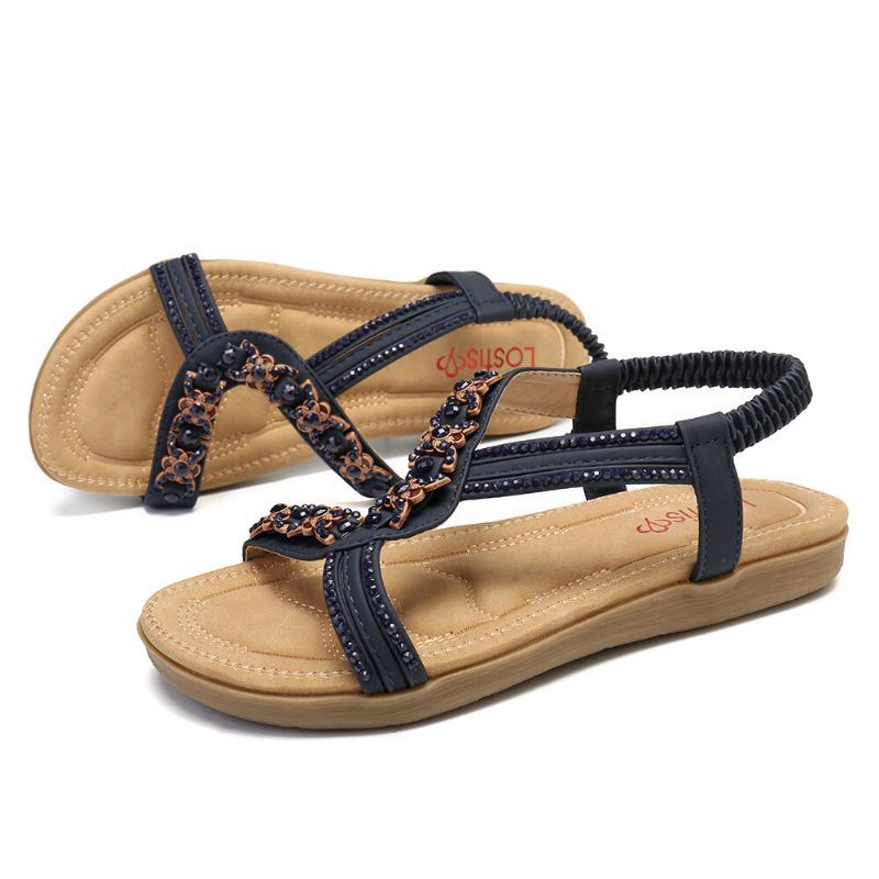 Dames Kralen Open Teen Elastische Band Zachte Zool Casual Platte Sandalen