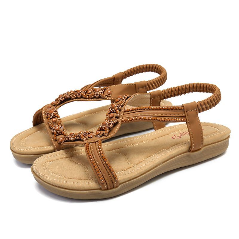 Dames Kralen Open Teen Elastische Band Zachte Zool Casual Platte Sandalen