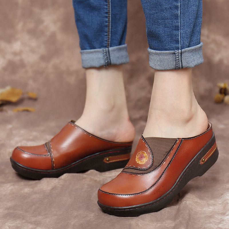 Dames Leren Bloem Elastische Splicing Slip-on Muiltjes Klompen Antislip Wedges Sandalen