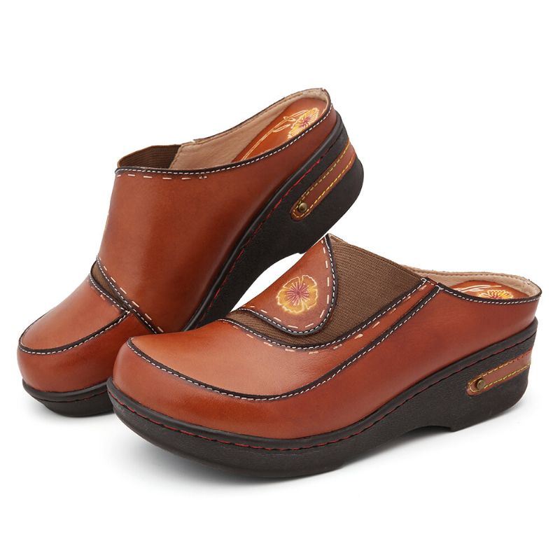 Dames Leren Bloem Elastische Splicing Slip-on Muiltjes Klompen Antislip Wedges Sandalen