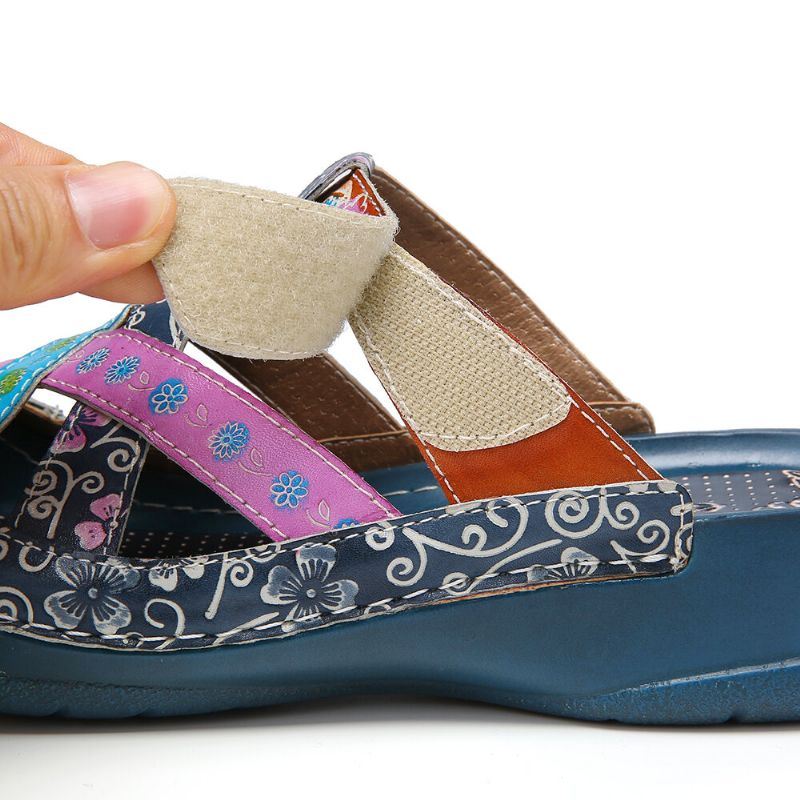 Dames Leren Bloemen Kriskras Verstelbare Riem Instappers Muiltjes Klompen Platte Slides Sandalen