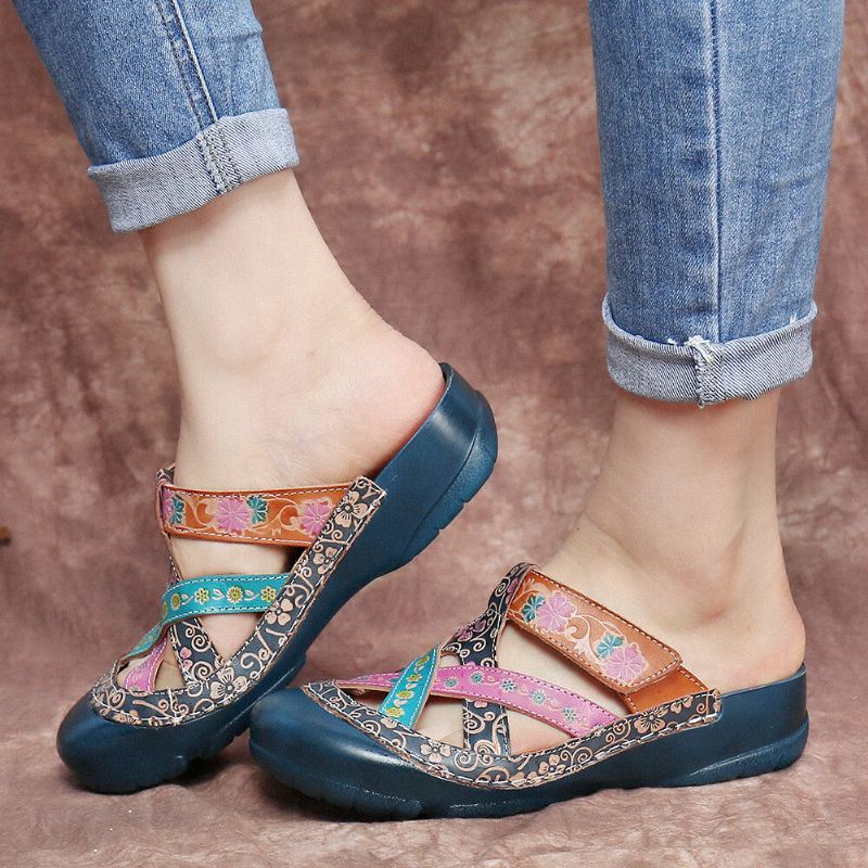 Dames Leren Bloemen Kriskras Verstelbare Riem Instappers Muiltjes Klompen Platte Slides Sandalen