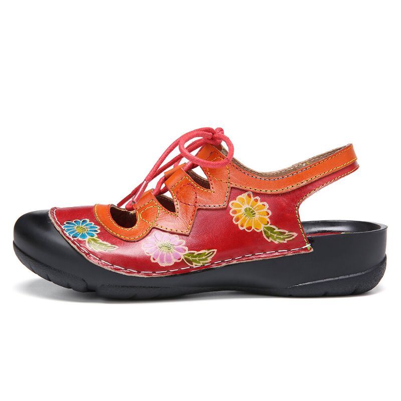 Dames Leren Bloemen Splitsen Uitsparing Stiksels Veters Slingback Muilezels Klompen Platte Sandalen