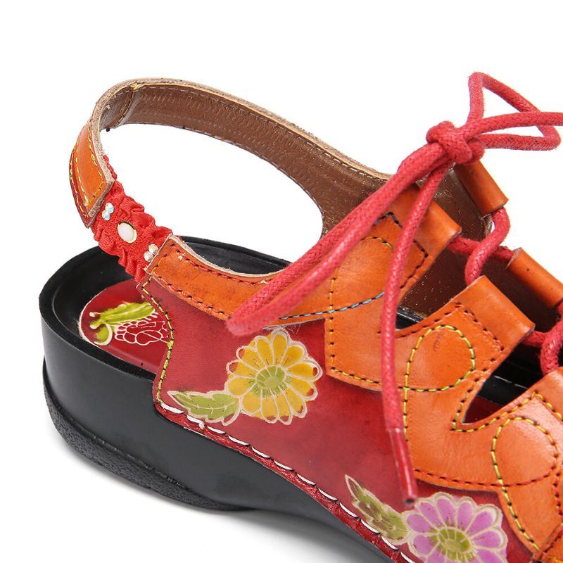 Dames Leren Bloemen Splitsen Uitsparing Stiksels Veters Slingback Muilezels Klompen Platte Sandalen