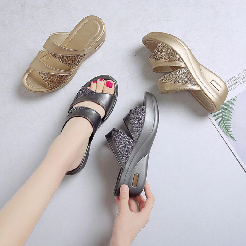 Dames Lovertjes Splicing Open Teen Comfy Zomer Wedge Sandalen