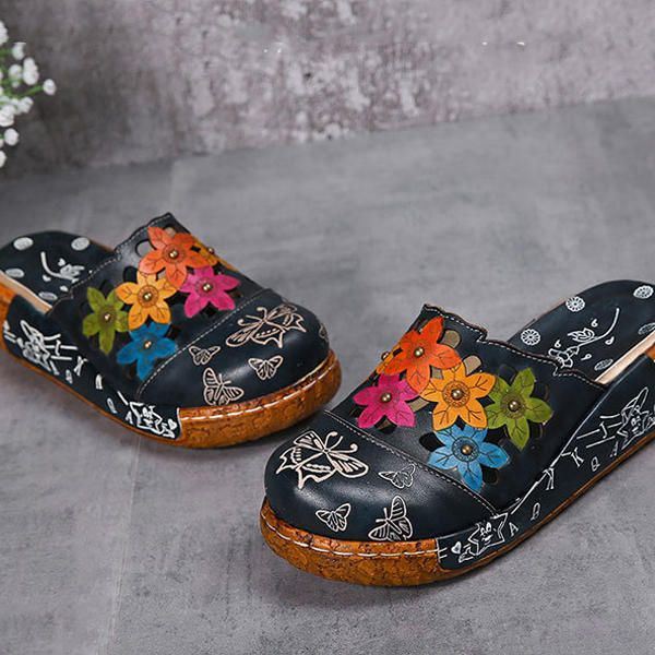 Dames Originele Bloem Wedge Retro Echt Lederen Schoenen