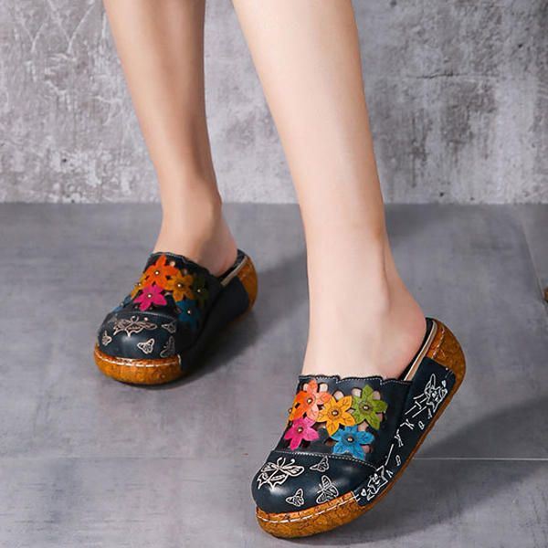 Dames Originele Bloem Wedge Retro Echt Lederen Schoenen