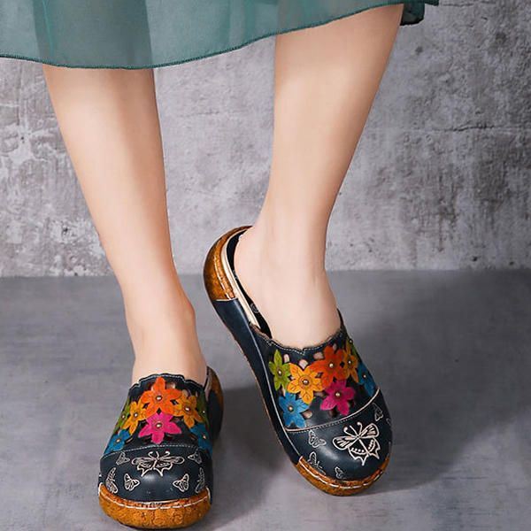 Dames Originele Bloem Wedge Retro Echt Lederen Schoenen