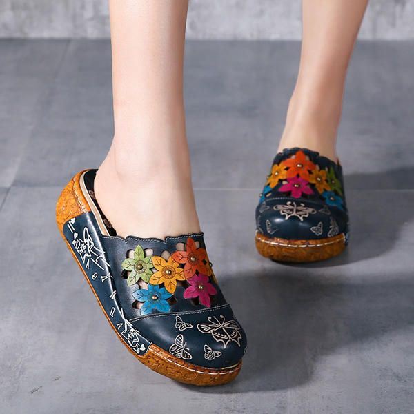 Dames Originele Bloem Wedge Retro Echt Lederen Schoenen