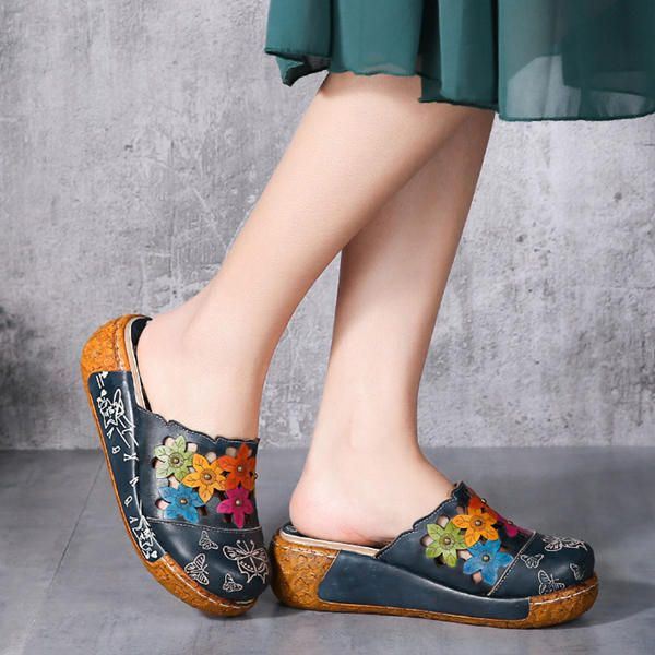 Dames Originele Bloem Wedge Retro Echt Lederen Schoenen