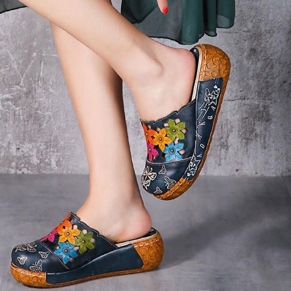 Dames Originele Bloem Wedge Retro Echt Lederen Schoenen