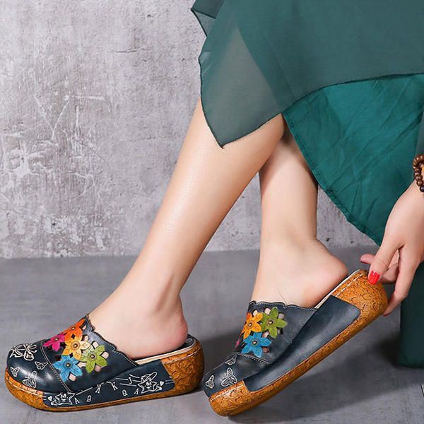 Dames Originele Bloem Wedge Retro Echt Lederen Schoenen