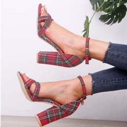 Dames Plaid Cross Strap Lattice Decor Buckle Hoge Hak Sandalen