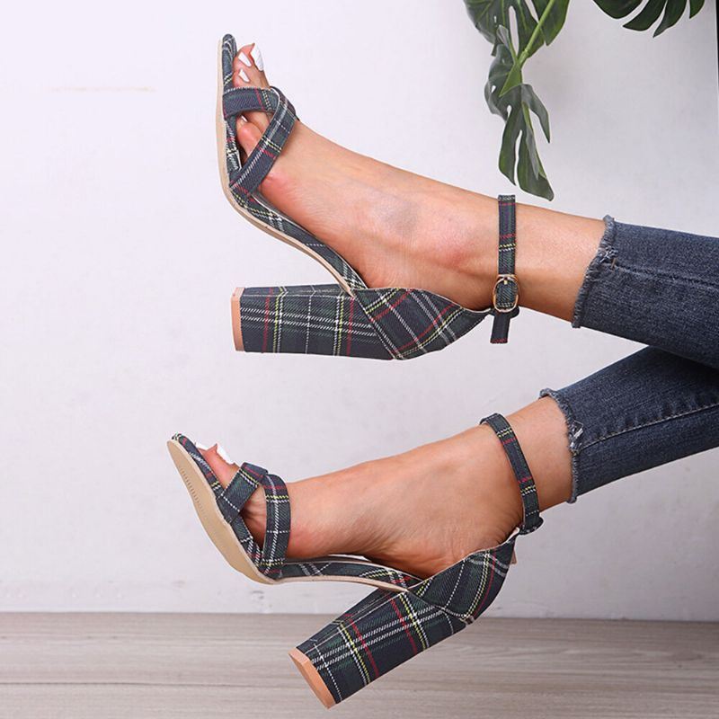 Dames Plaid Cross Strap Lattice Decor Buckle Hoge Hak Sandalen