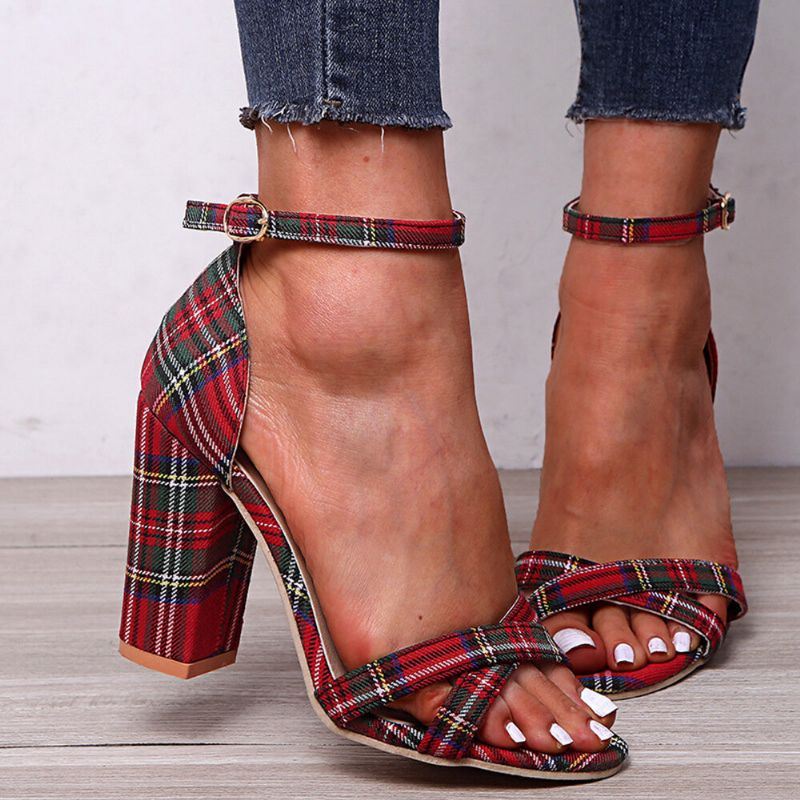 Dames Plaid Cross Strap Lattice Decor Buckle Hoge Hak Sandalen