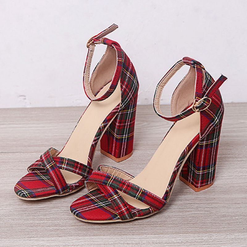 Dames Plaid Cross Strap Lattice Decor Buckle Hoge Hak Sandalen