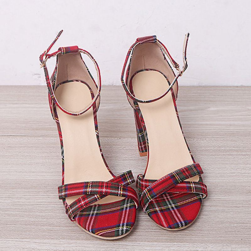 Dames Plaid Cross Strap Lattice Decor Buckle Hoge Hak Sandalen