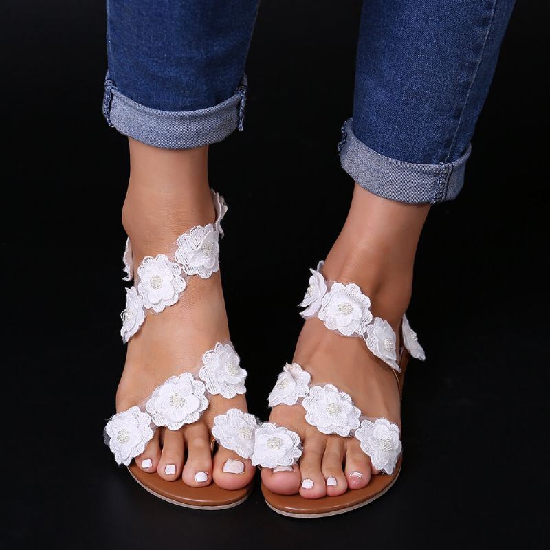 Dames Plus Maat Bloem Decoratie Slip Op Clip Toe Zomer Strand Sandalen