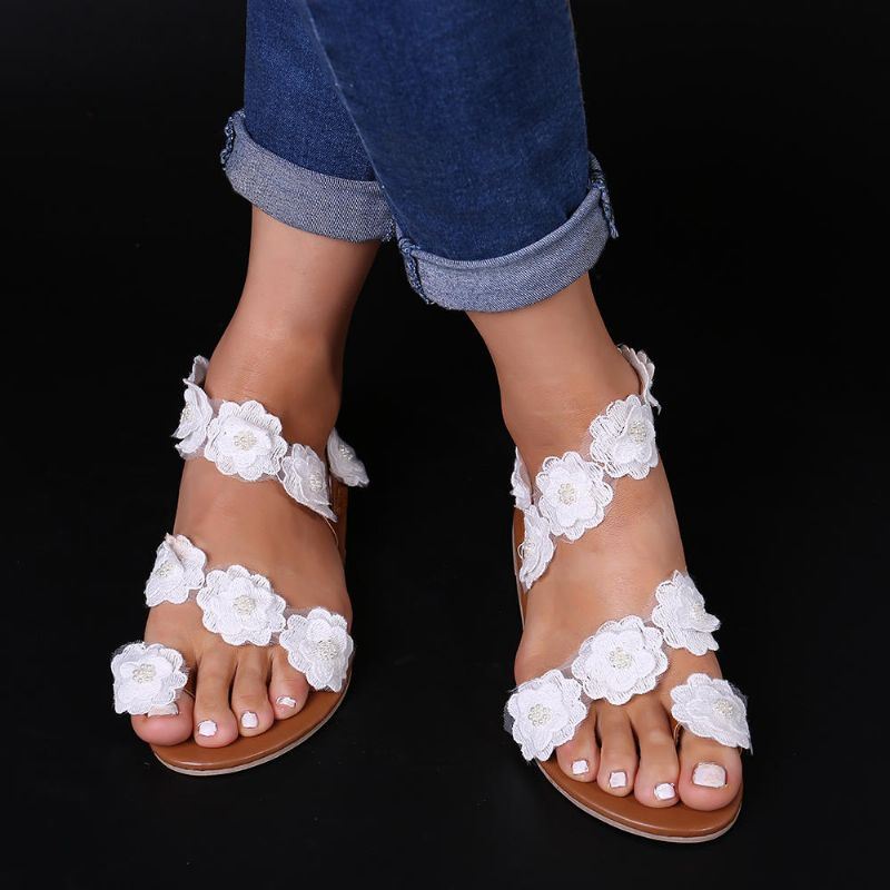 Dames Plus Maat Bloem Decoratie Slip Op Clip Toe Zomer Strand Sandalen