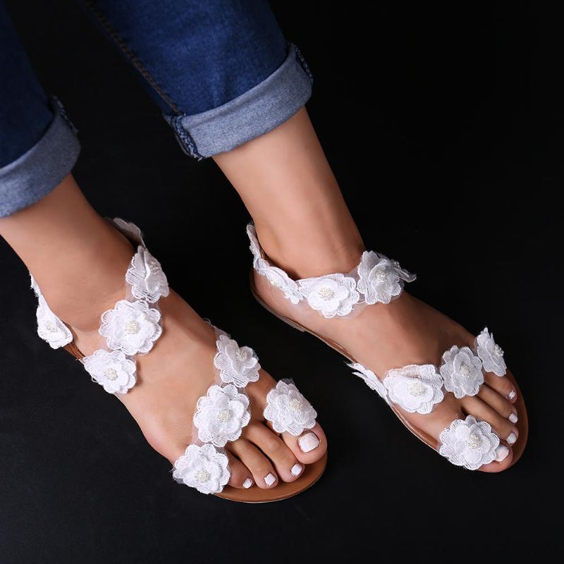 Dames Plus Maat Bloem Decoratie Slip Op Clip Toe Zomer Strand Sandalen