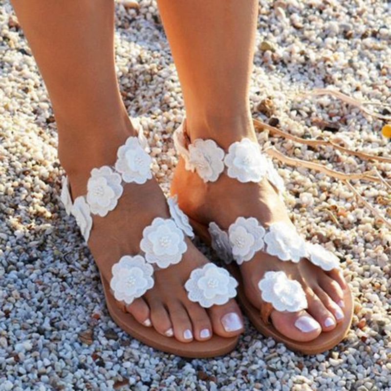 Dames Plus Maat Bloem Decoratie Slip Op Clip Toe Zomer Strand Sandalen