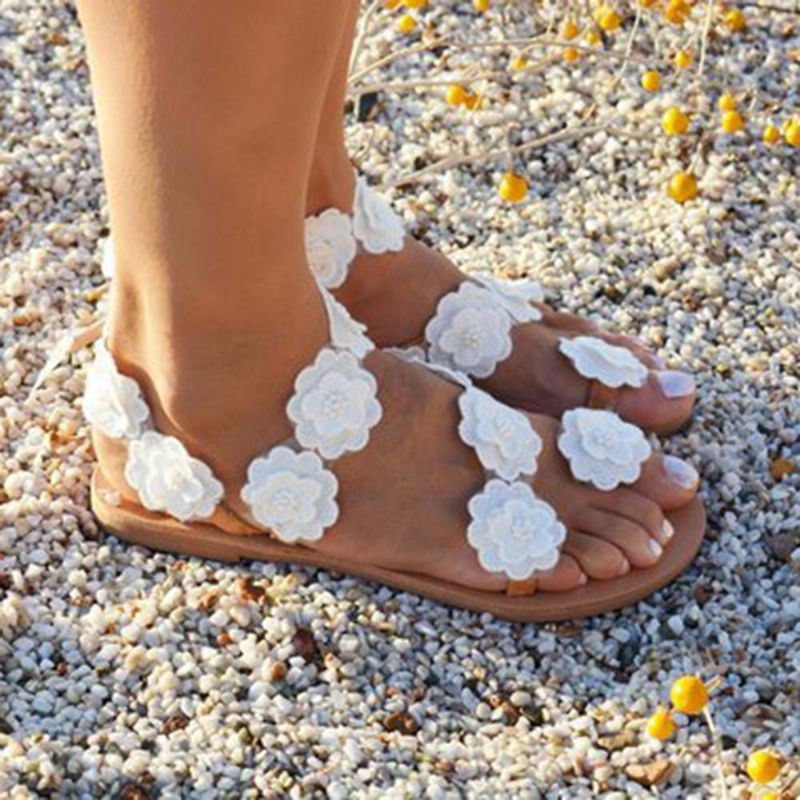 Dames Plus Maat Bloem Decoratie Slip Op Clip Toe Zomer Strand Sandalen