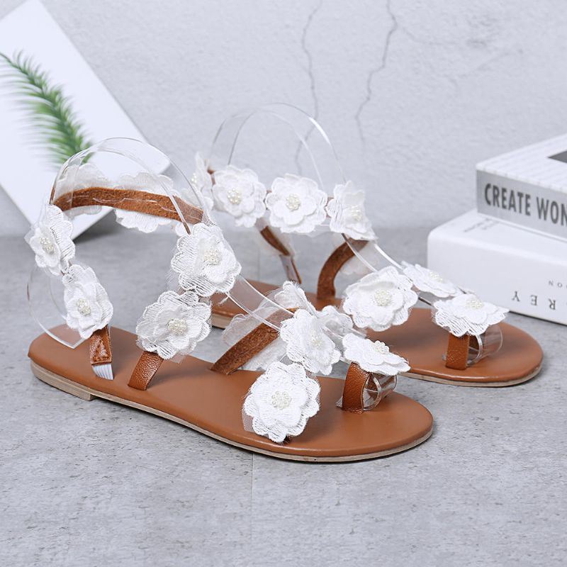 Dames Plus Maat Bloem Decoratie Slip Op Clip Toe Zomer Strand Sandalen