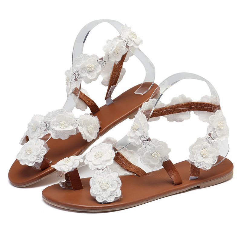 Dames Plus Maat Bloem Decoratie Slip Op Clip Toe Zomer Strand Sandalen