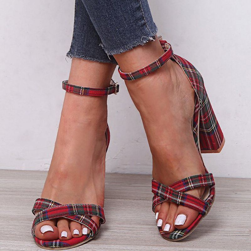 Dames Plus Size Lattice Chunky Heel Peep Toe Gesp Zomer Sandalen Met Hak