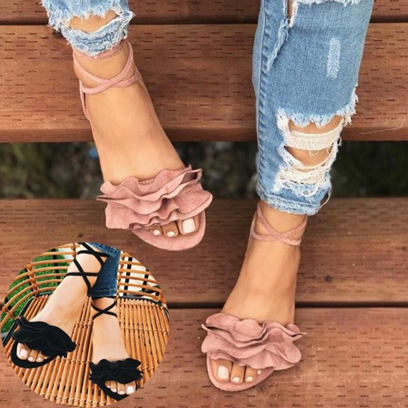 Dames Plus Size Strappy Effen Kleur Lace Up Mode Zomer Strand Causale Platte Sandalen