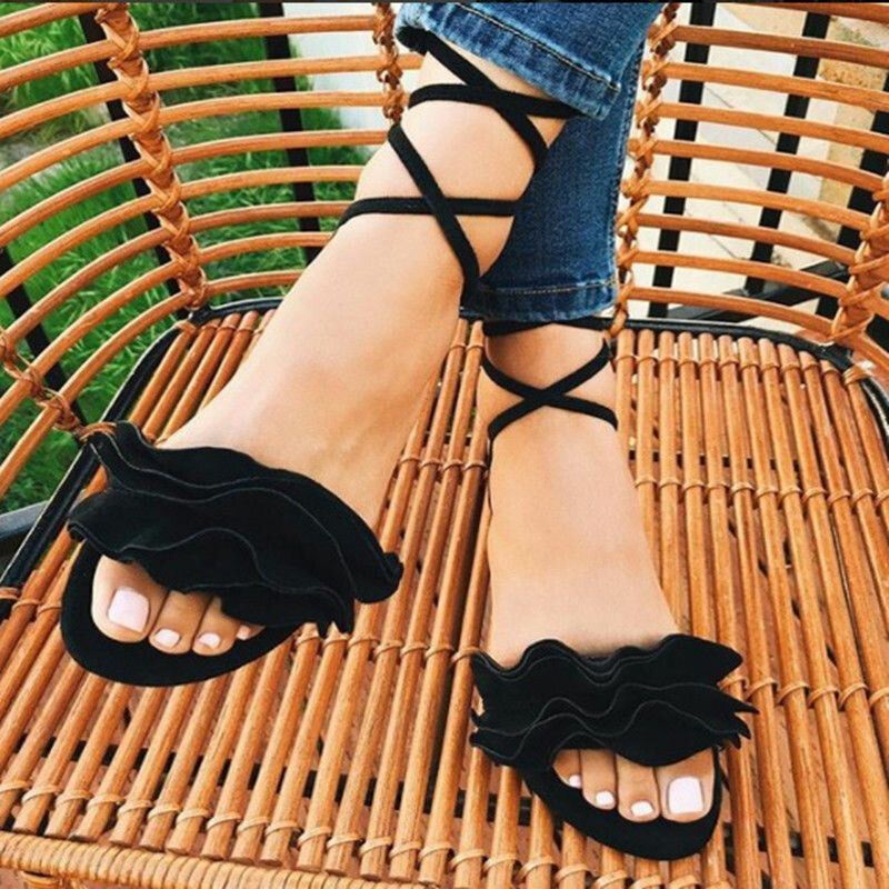 Dames Plus Size Strappy Effen Kleur Lace Up Mode Zomer Strand Causale Platte Sandalen