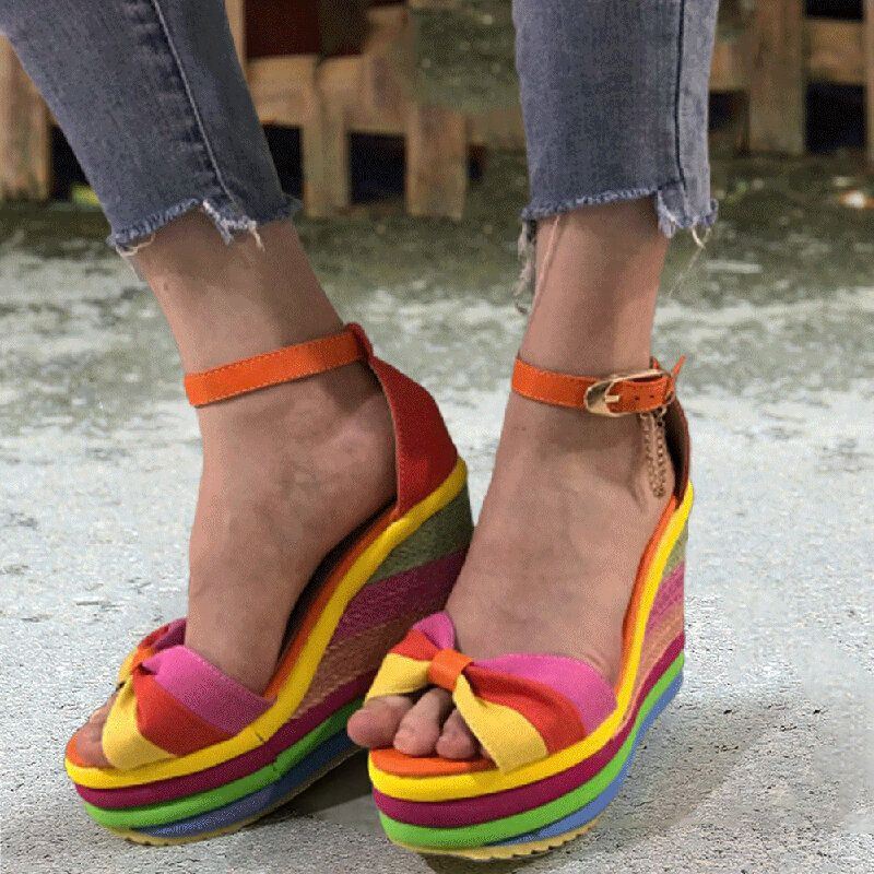 Dames Regenboog Kleurrijke Enkelband Boog Knoop Gesp Platform Sandalen