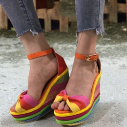 Dames Regenboog Kleurrijke Enkelband Boog Knoop Gesp Platform Sandalen